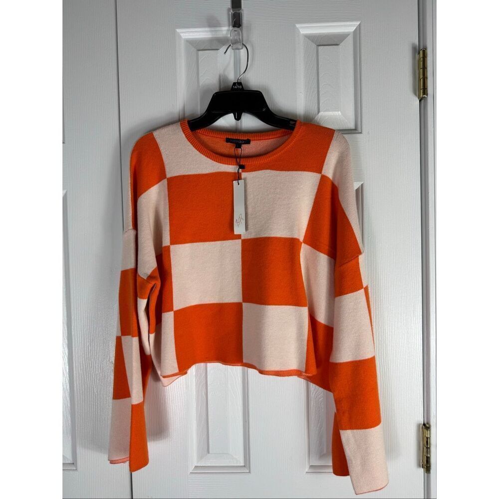 NWT Papermoon Womens Orange and White Checkered Crop Sweater Size Large